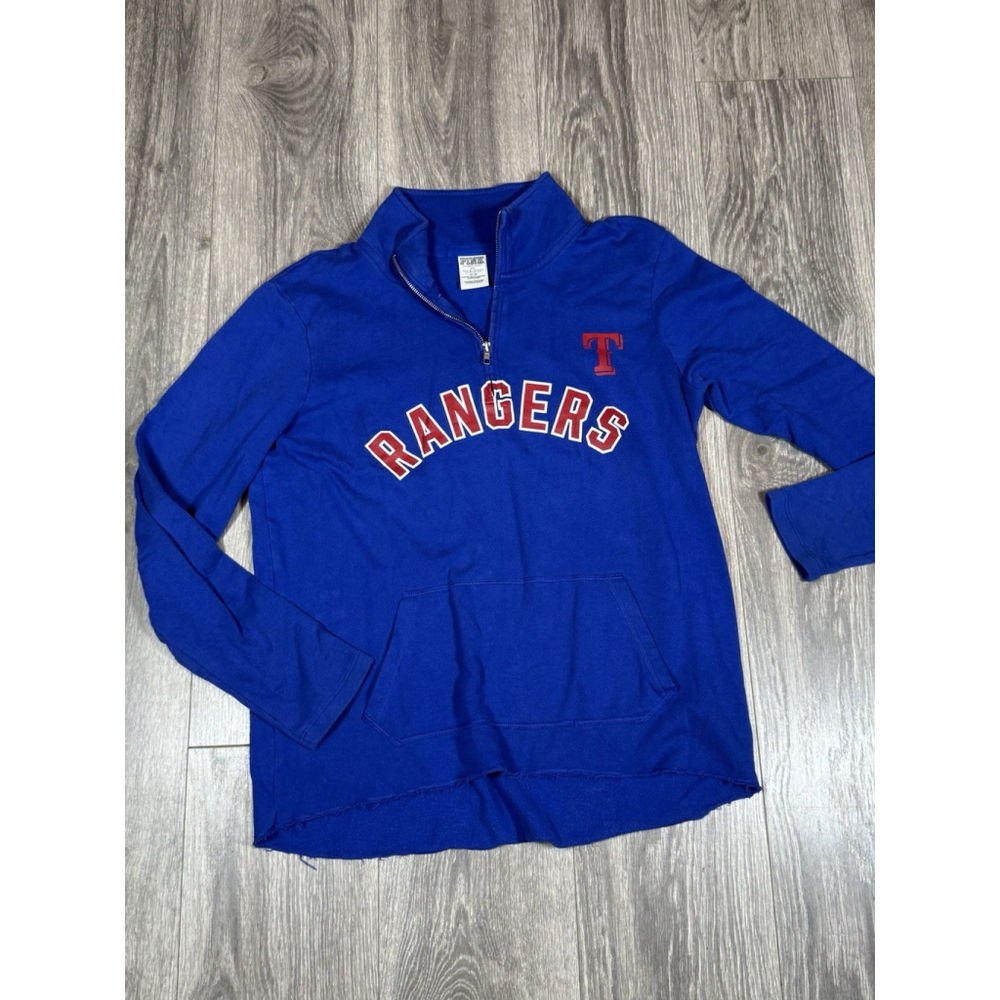 Victoria’s Secret Pink 1/4 Zip Blue Pullover Womens Medium Pocket Stealing Bases - Picture 3 of 5